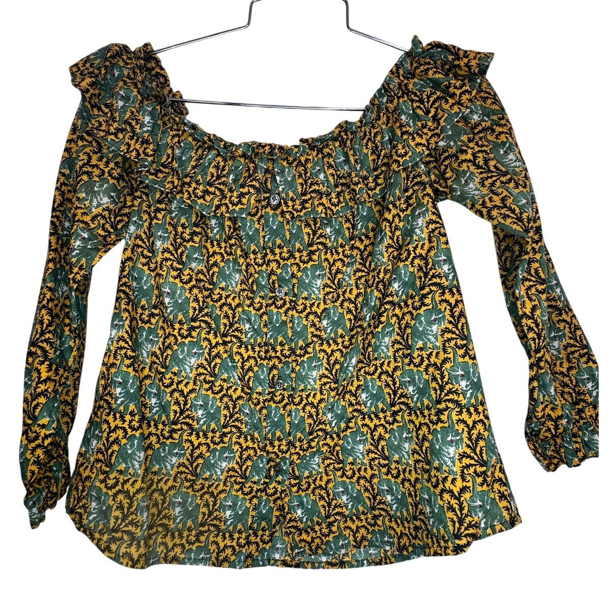 468. J.Crew Smocked On/Off Shoulder Elephant Print Peasant Top Size 0