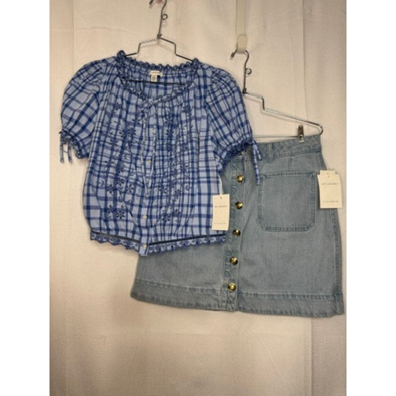 414. Free Assembly Blue Gingham Top & Denim Skirt Set Size 10-12 NWT