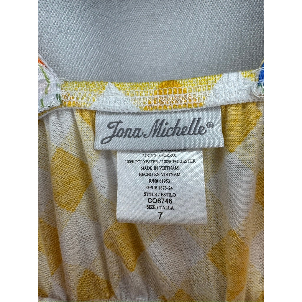 368. Jona Michelle Girls Floral Yellow Gingham Sundress Size 7