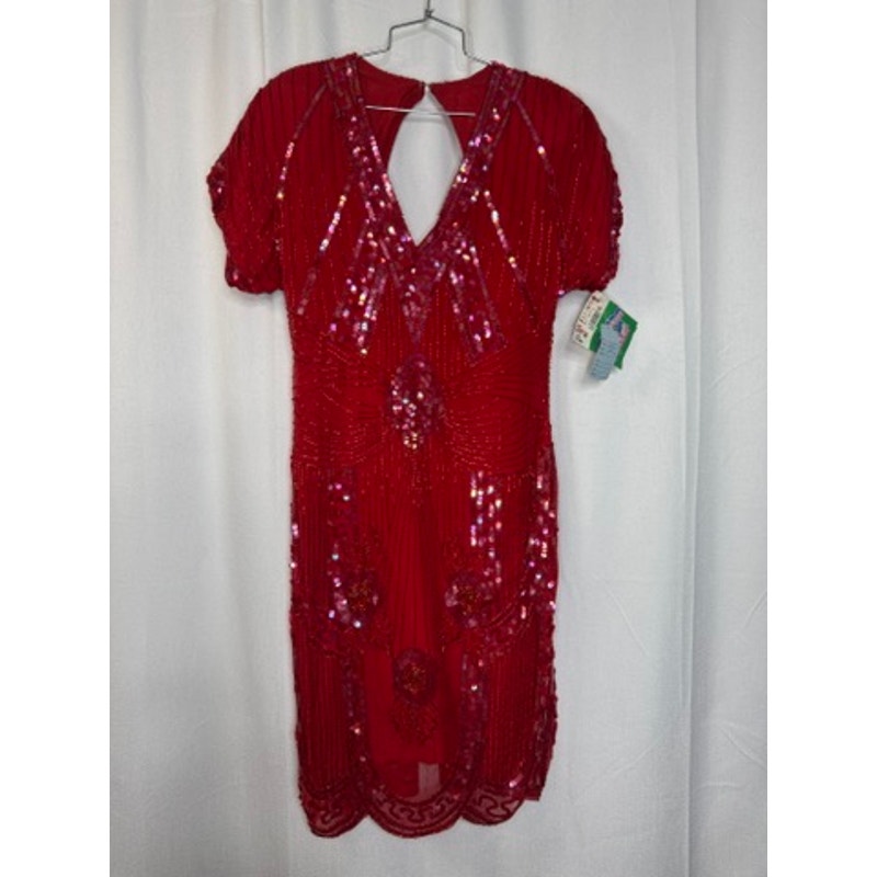 400. Missy Designer Red Silk Sequin Beaded Cocktail Dress Size M NWT