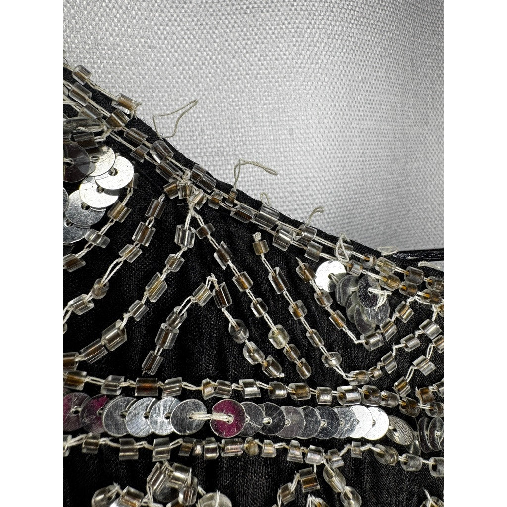 415. Beaded Sequin Silk Vest Size M Black Silver