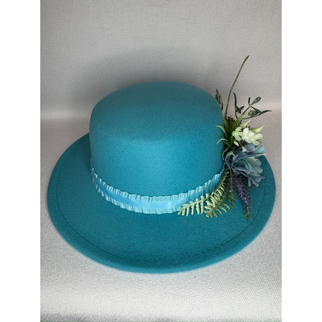 450. Teal Floral Derby Boater Hat Wide Brim One Size