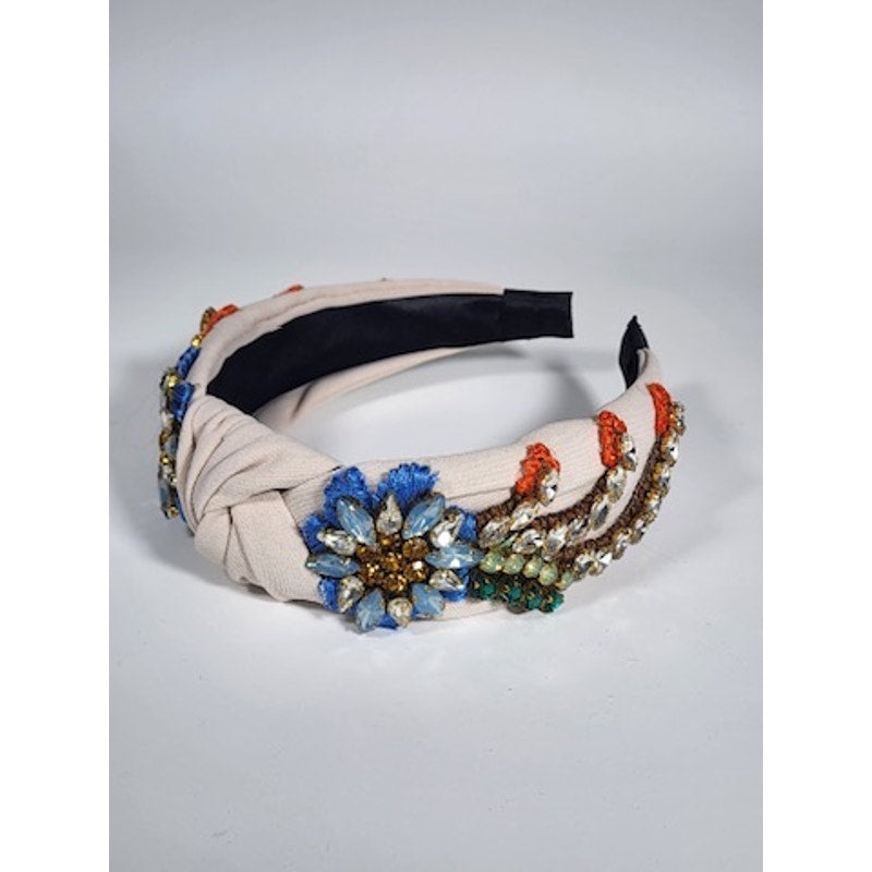 522. Embellished Floral Knotted Headband Blue Multicolor Statement