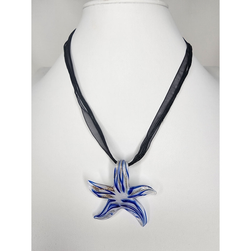 513. Blue White Glass Starfish Pendant Necklace & Earrings Jewelry Set