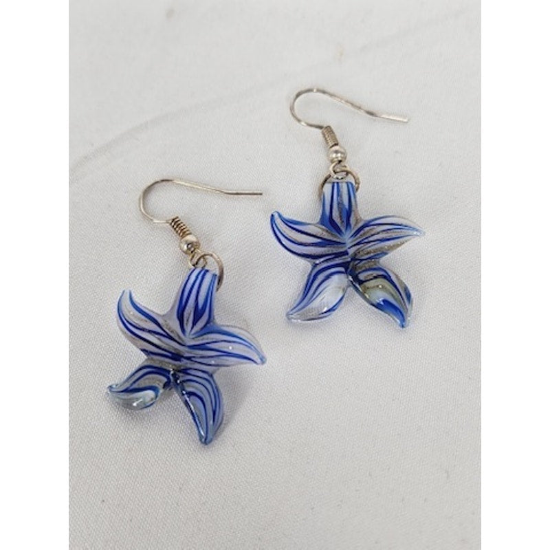 513. Blue White Glass Starfish Pendant Necklace & Earrings Jewelry Set