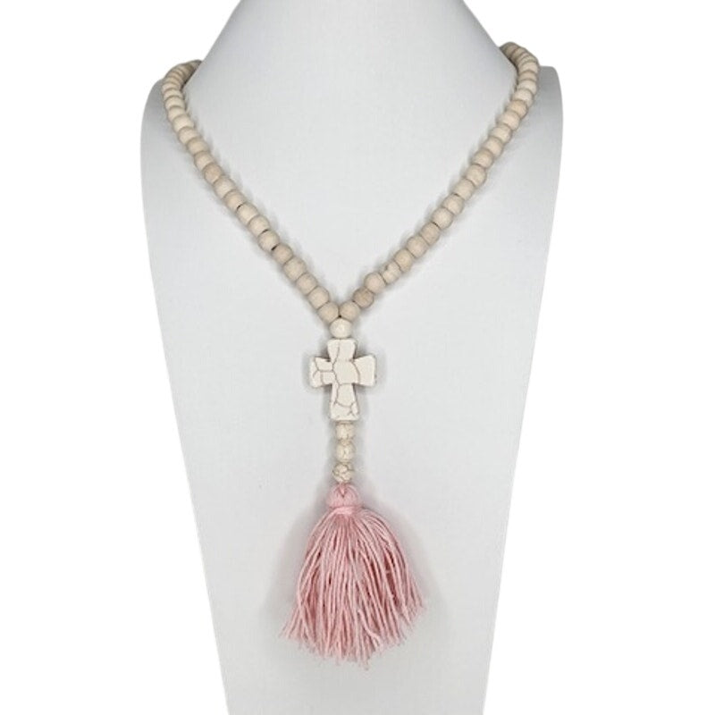 511. Unknown. Wood Bead Cross Tassel Necklace Pink White