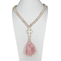 511. Unknown. Wood Bead Cross Tassel Necklace Pink White