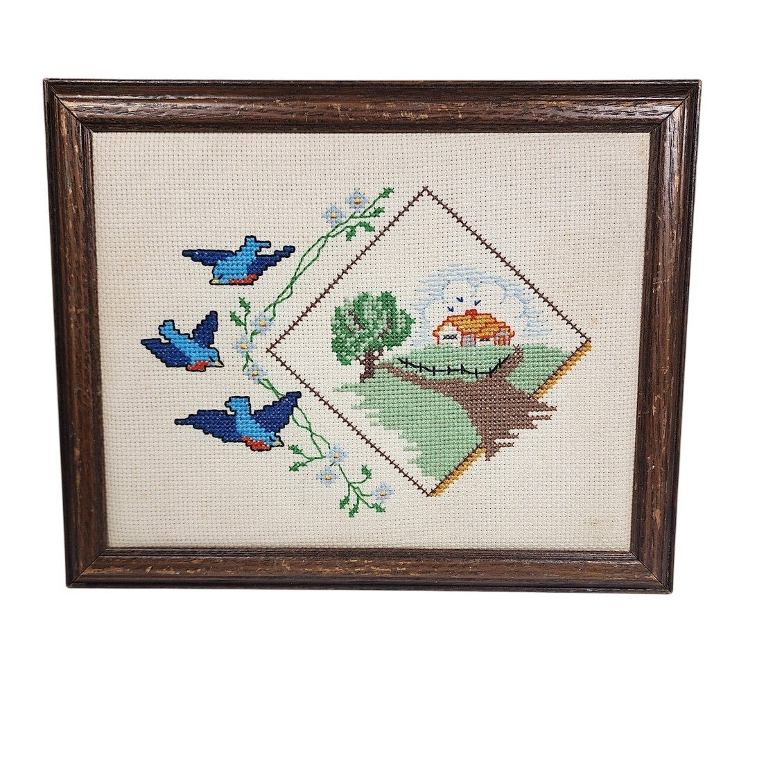 525. Framed Handcrafted Cross Stitch Bluebirds Landscape Wall Art