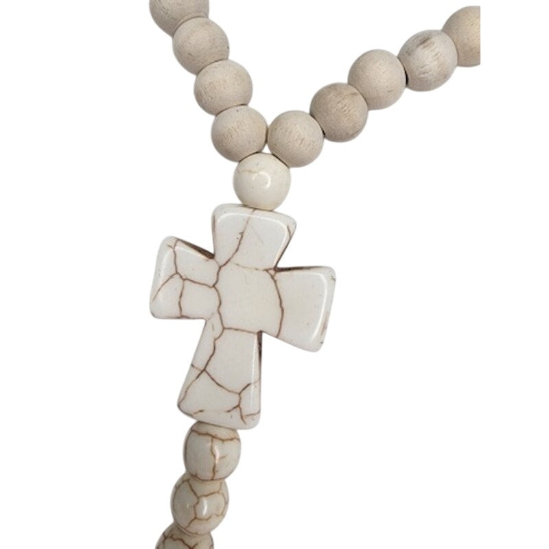 511. Unknown. Wood Bead Cross Tassel Necklace Pink White
