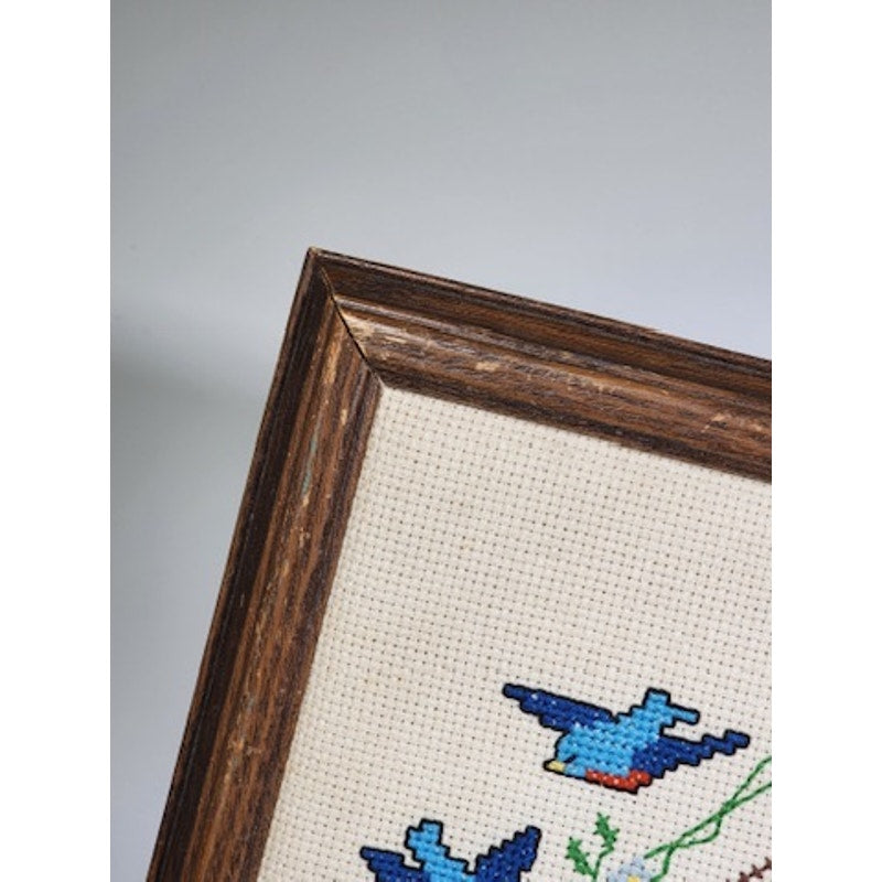 525. Framed Handcrafted Cross Stitch Bluebirds Landscape Wall Art
