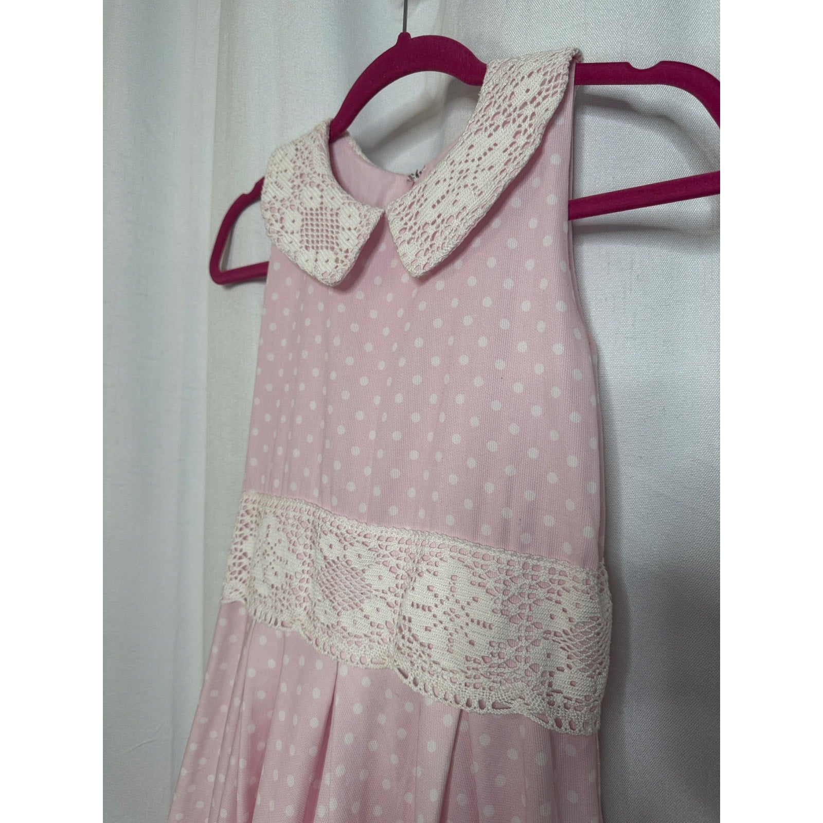 346. Beautiful Handmade Pink Polka Dot Lace Trim Dress