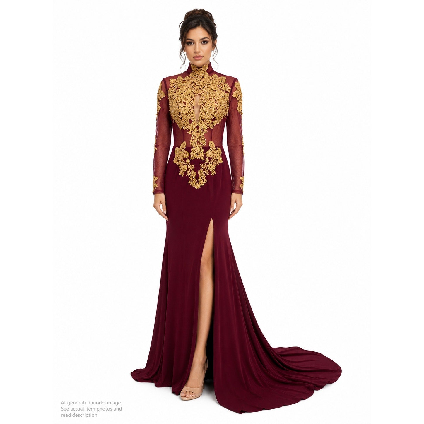 580. Burgundy Gold Lace Mermaid Formal Evening Gown Long Sleeve Small