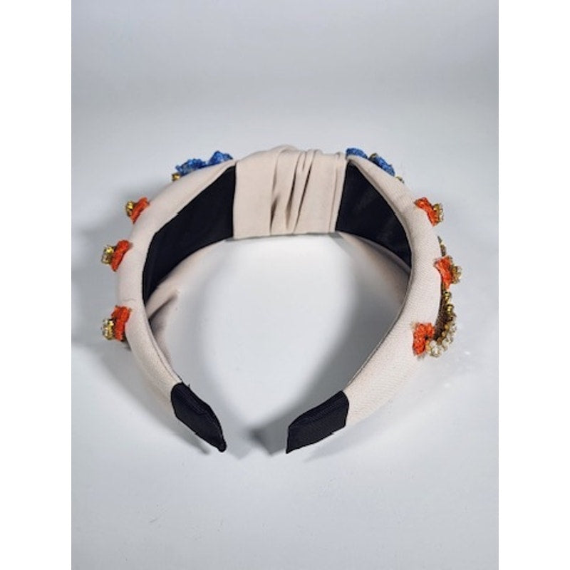522. Embellished Floral Knotted Headband Blue Multicolor Statement