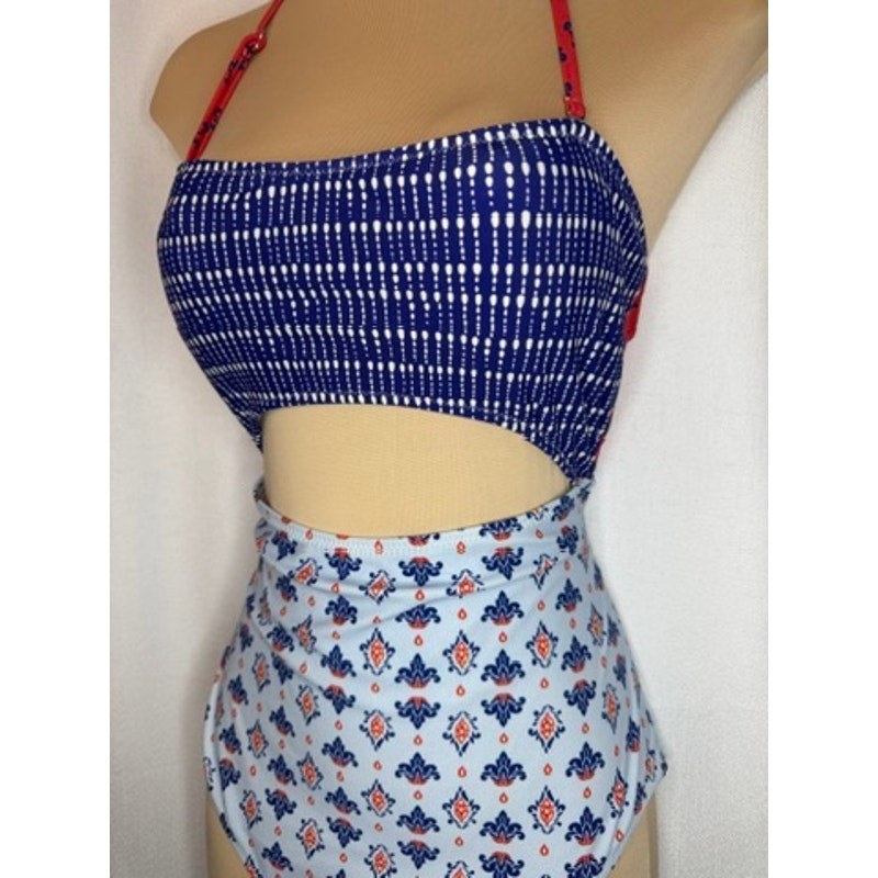 374. Cupshe Cutout One Piece Swimsuit Blue Red Geometric Print Size M