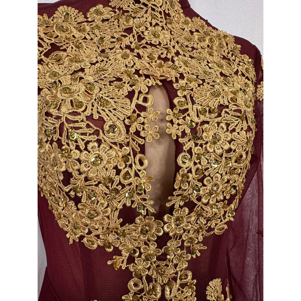 580. Burgundy Gold Lace Mermaid Formal Evening Gown Long Sleeve Small