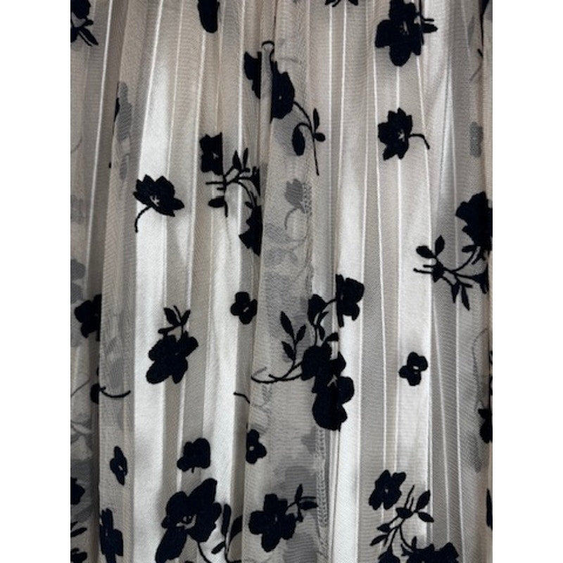 480. Beige Black Floral Pleated Mesh Midi Skirt Size L