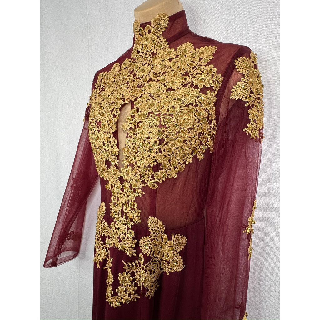 580. Burgundy Gold Lace Mermaid Formal Evening Gown Long Sleeve Small