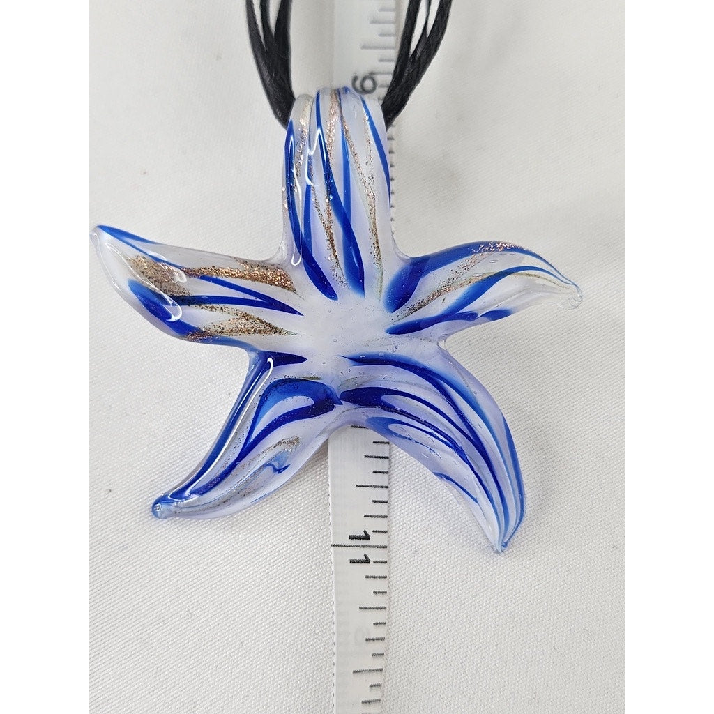 513. Blue White Glass Starfish Pendant Necklace & Earrings Jewelry Set