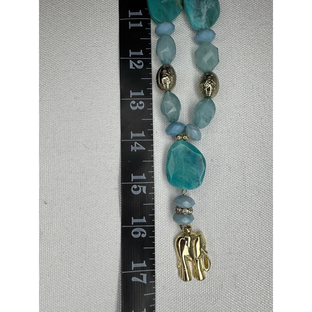 447. Blue Aqua Beaded Statement Necklace Gold Tone Elephant Charm