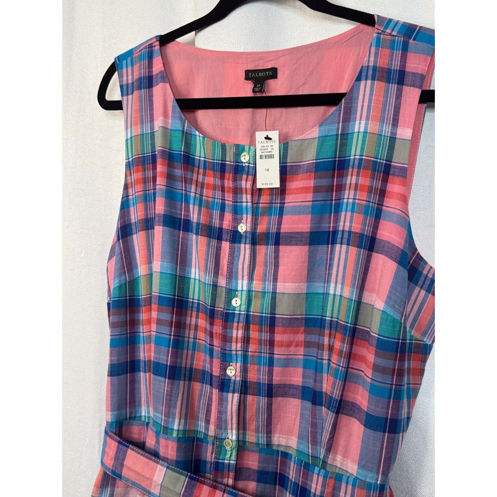 354. NWT Talbots Pink Blue Plaid Sleeveless Belted Dress Size 14