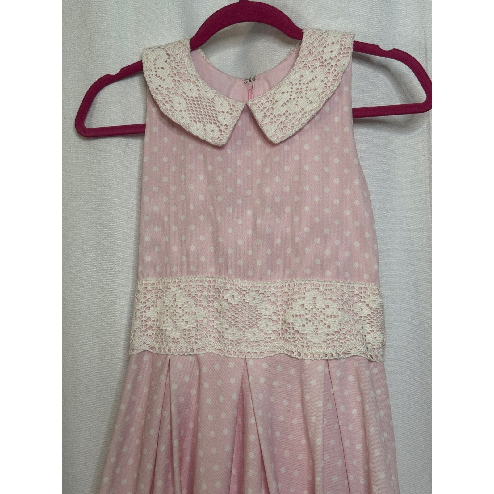346. Beautiful Handmade Pink Polka Dot Lace Trim Dress