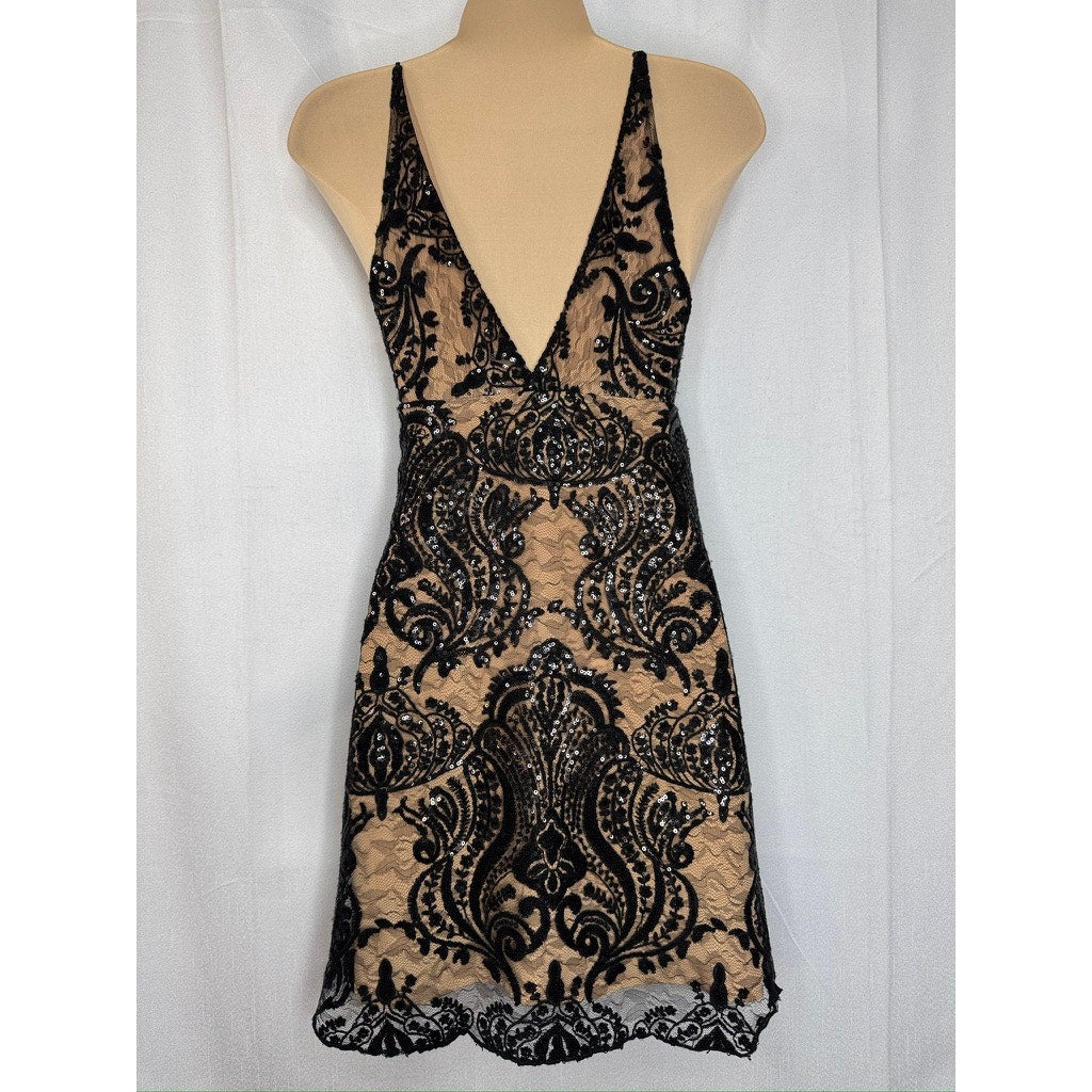 434. Free People Sequin Lace Slip Dress Beige Black Size 0