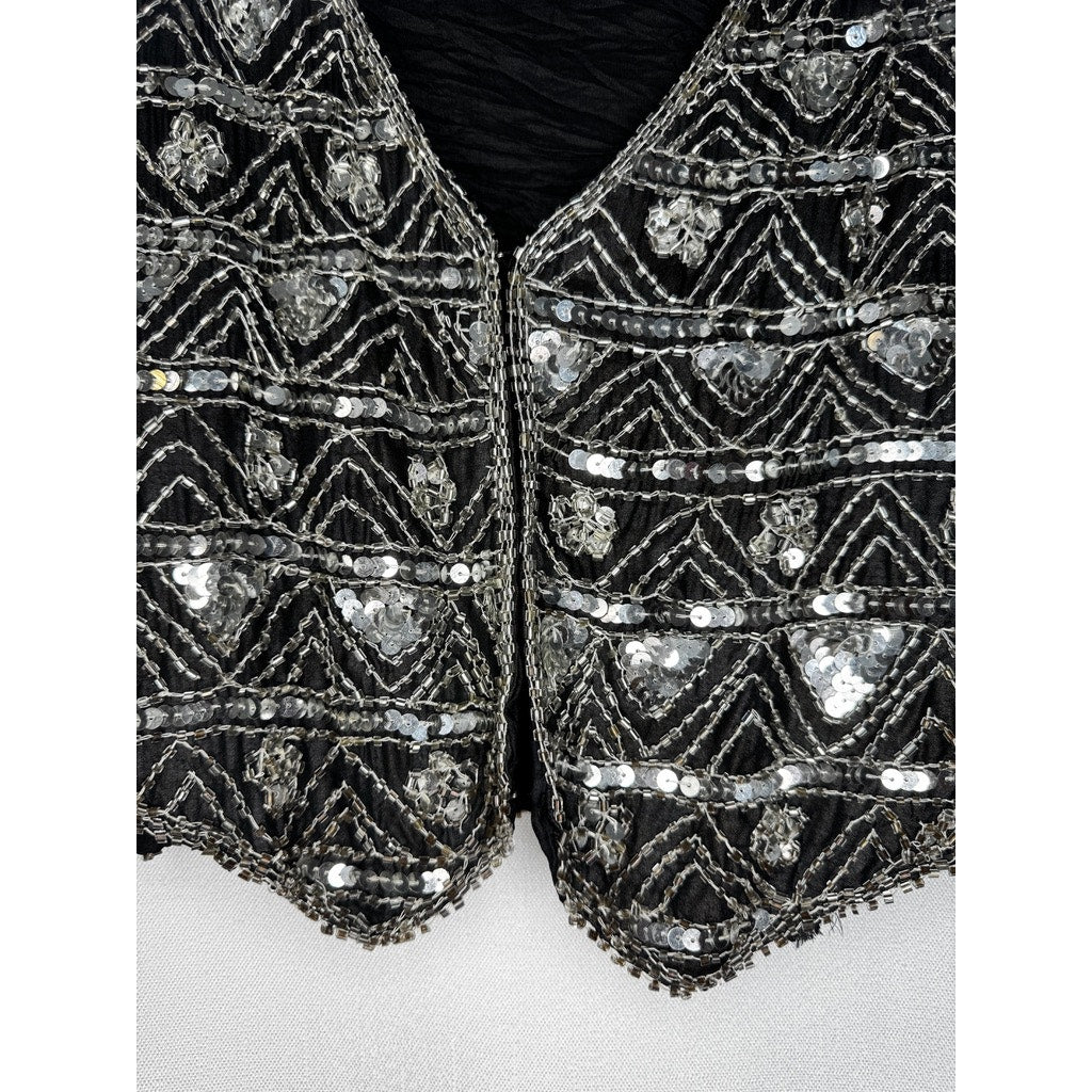 415. Beaded Sequin Silk Vest Size M Black Silver