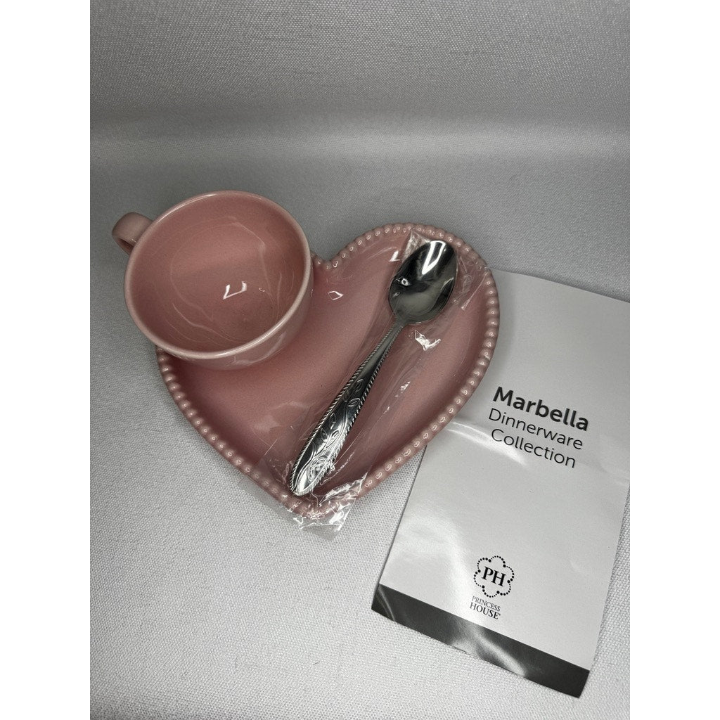 446. Marbelli Pink Heart Mug Plate & Spoon Snack Set NWOT