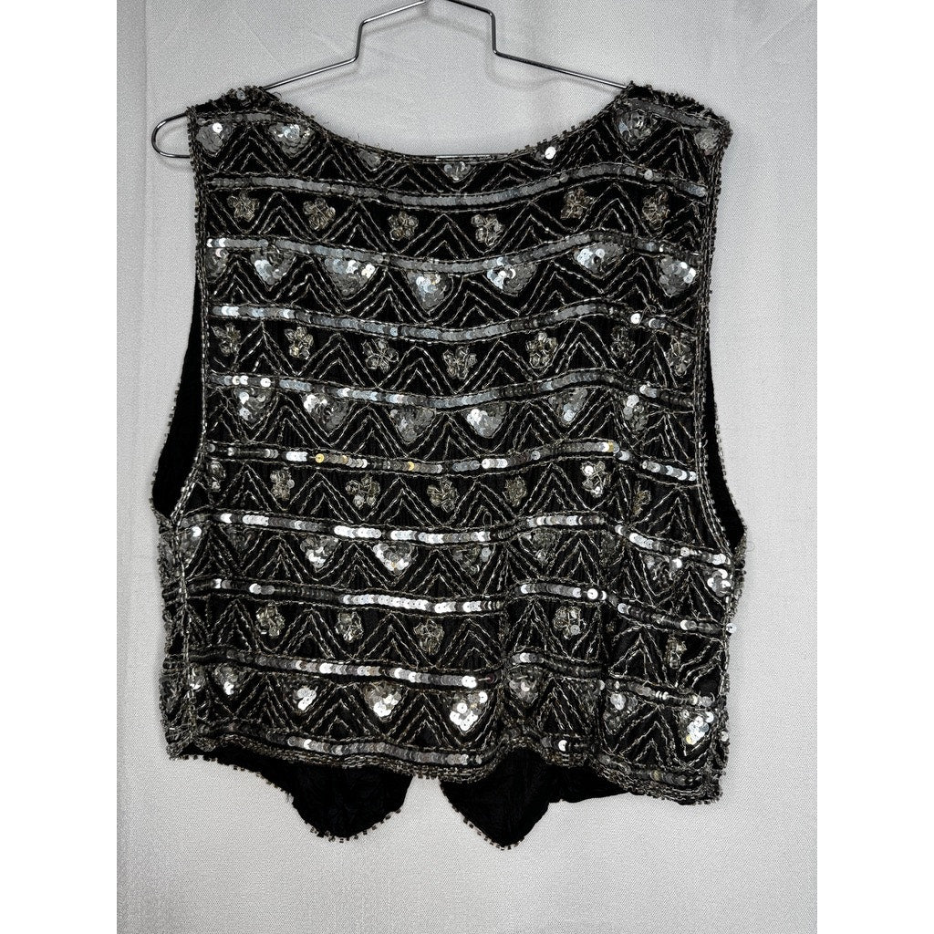 415. Beaded Sequin Silk Vest Size M Black Silver