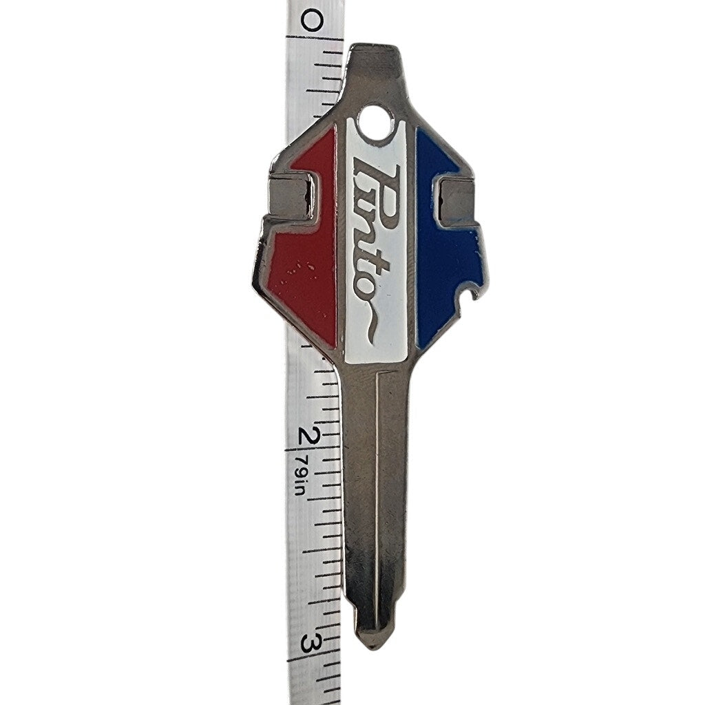 510. Pinto Uncut Logo Metal Key Red White Blue Vintage Automotive Collectible