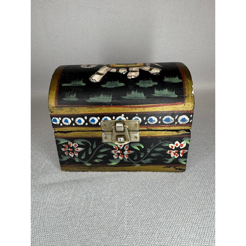 448. Vintage Hand Painted Wooden Elephant Trinket Box Black