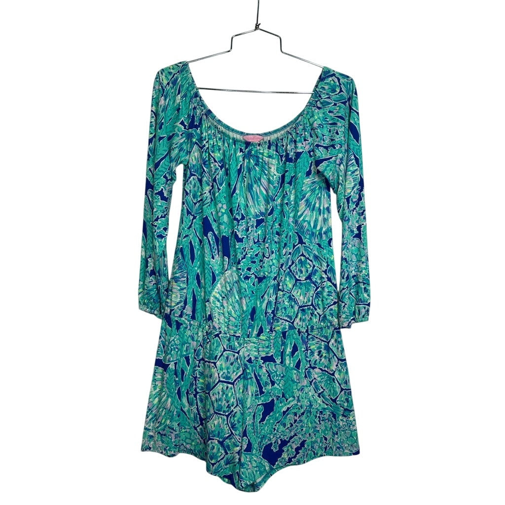 476. Lilly Pulitzer Printed Romper Size S Blue Green 3/4 Sleeve
