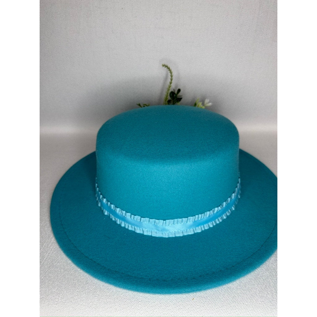450. Teal Floral Derby Boater Hat Wide Brim One Size