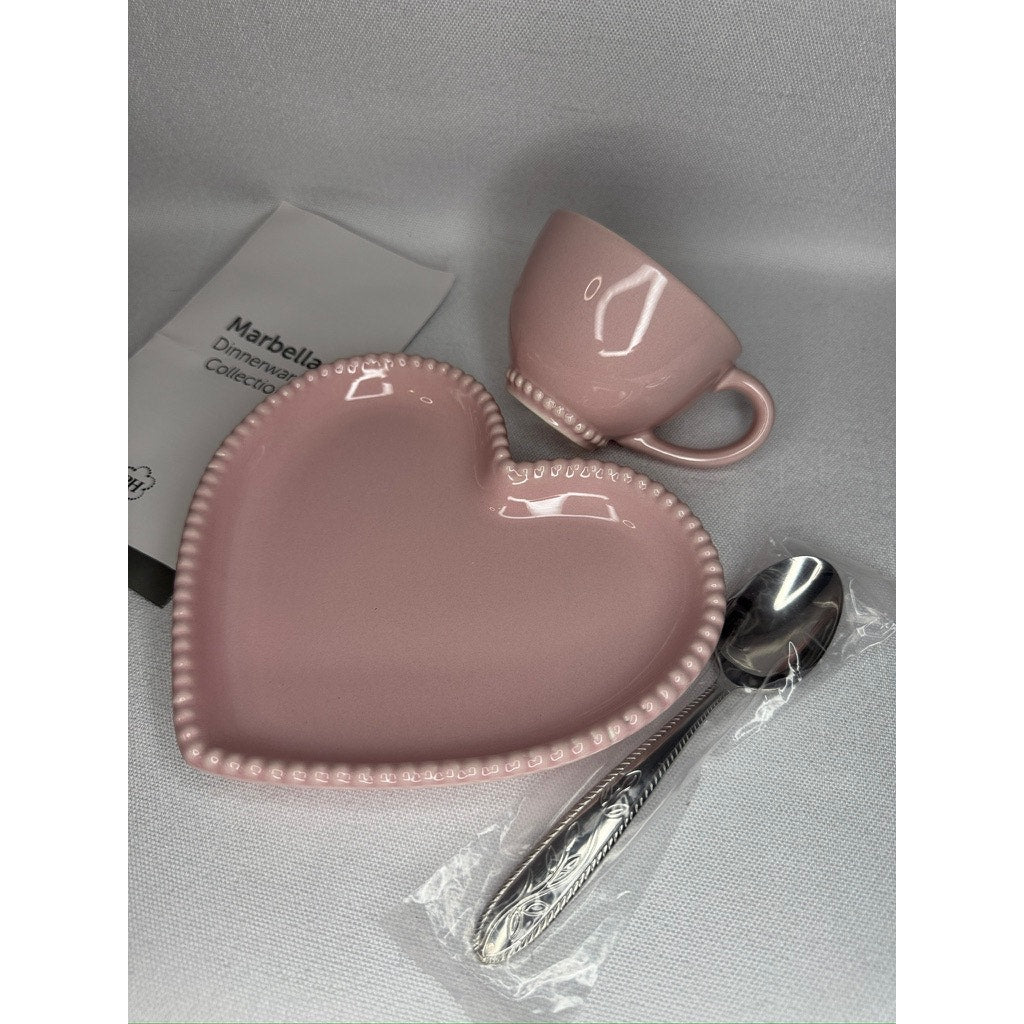 446. Marbelli Pink Heart Mug Plate & Spoon Snack Set NWOT
