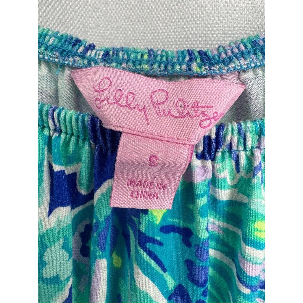 476. Lilly Pulitzer Printed Romper Size S Blue Green 3/4 Sleeve
