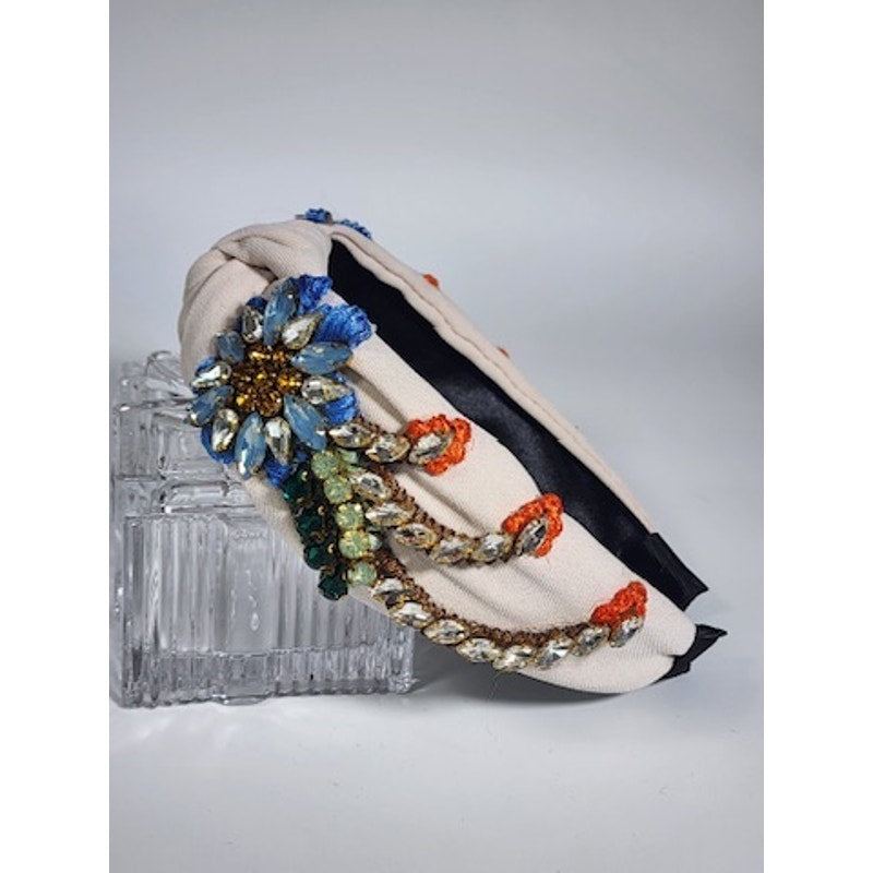 522. Embellished Floral Knotted Headband Blue Multicolor Statement