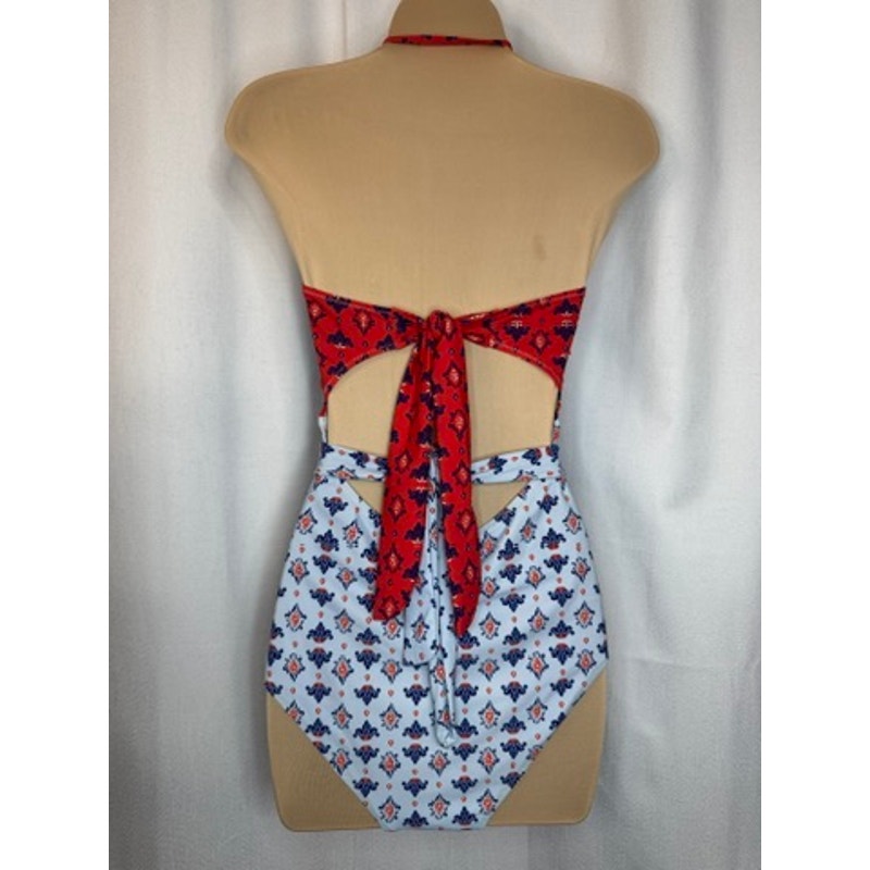 374. Cupshe Cutout One Piece Swimsuit Blue Red Geometric Print Size M
