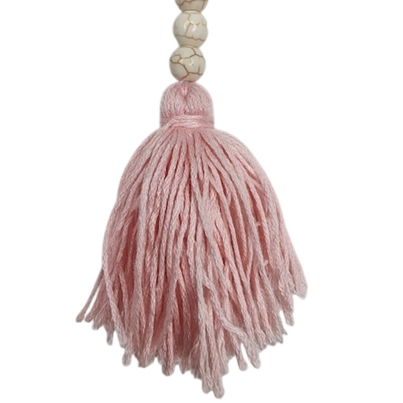 511. Unknown. Wood Bead Cross Tassel Necklace Pink White
