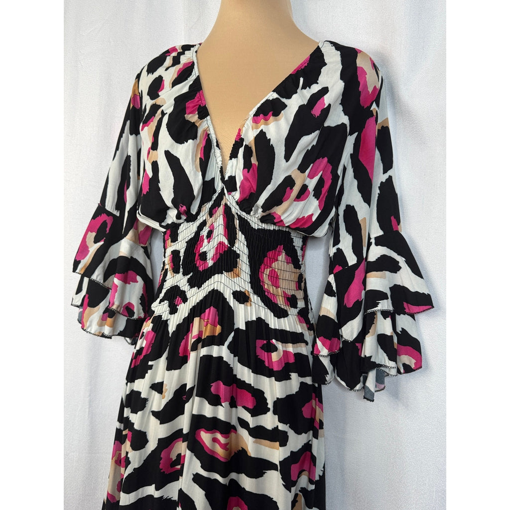 352. Made in Italy Pink Leopard Print Smocked Maxi Dress