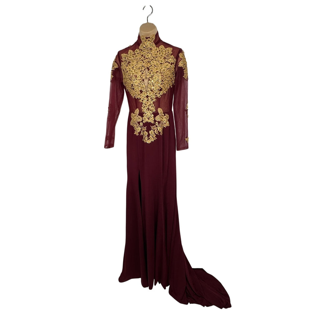 580. Burgundy Gold Lace Mermaid Formal Evening Gown Long Sleeve Small