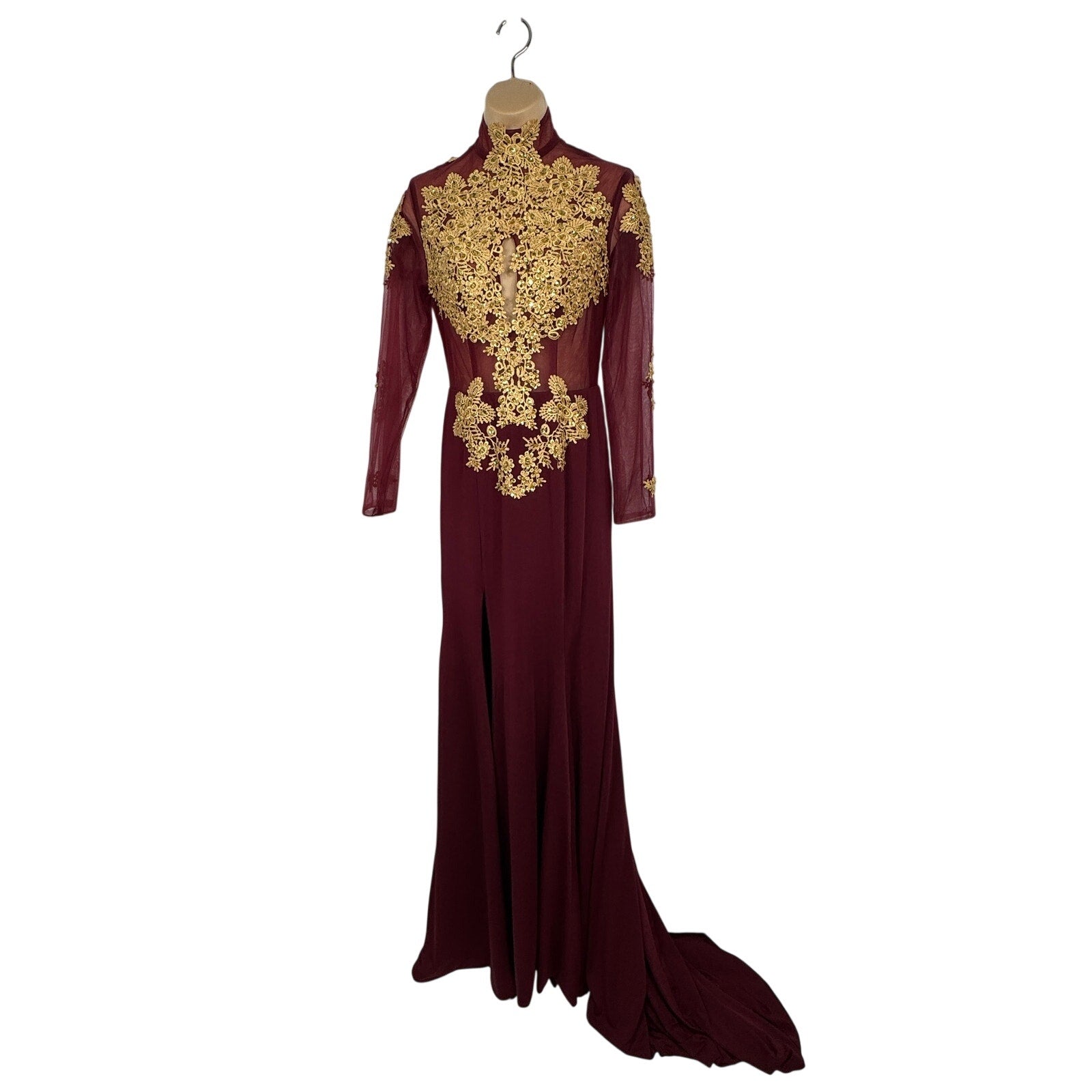 580. Burgundy Gold Lace Mermaid Formal Evening Gown Long Sleeve Small