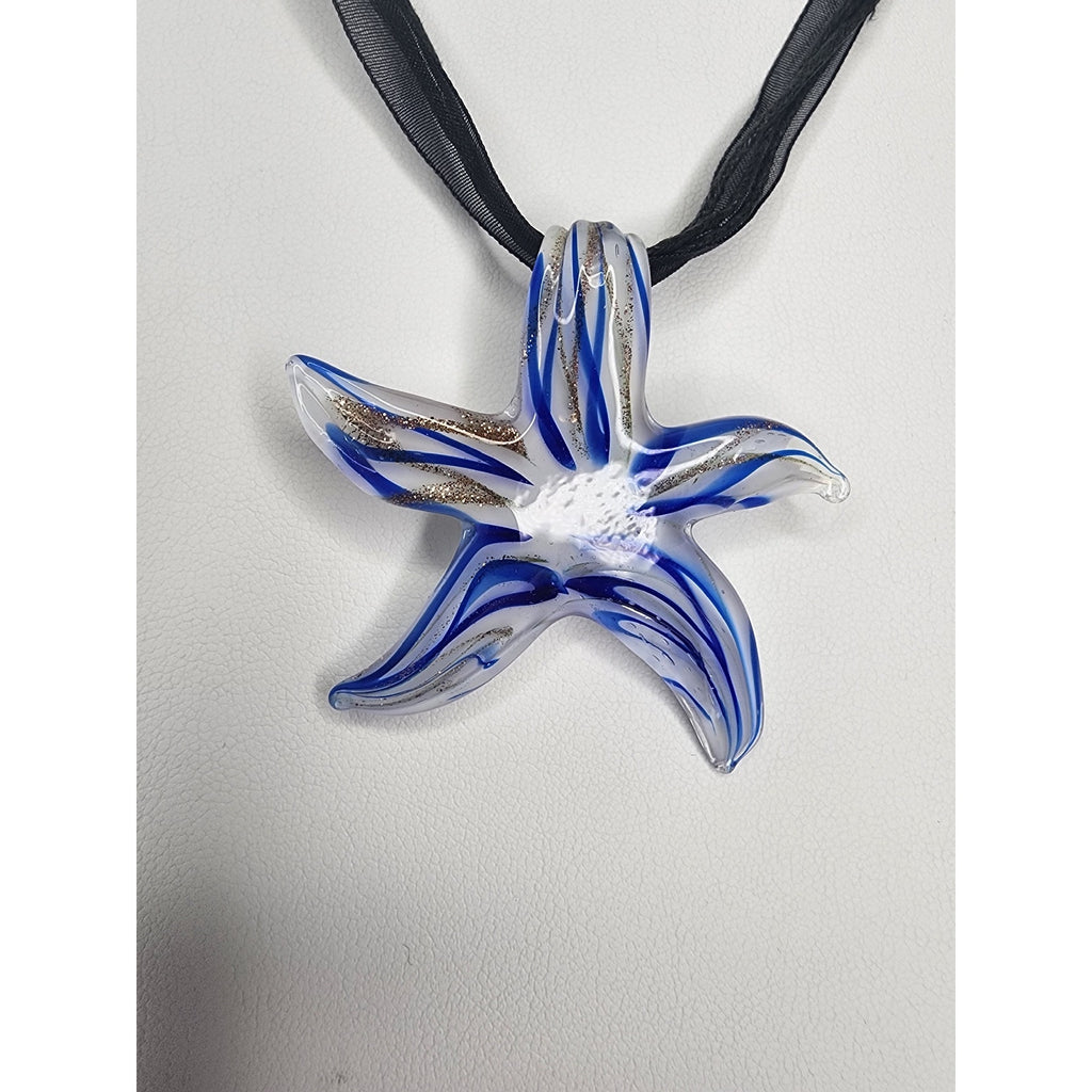 513. Blue White Glass Starfish Pendant Necklace & Earrings Jewelry Set