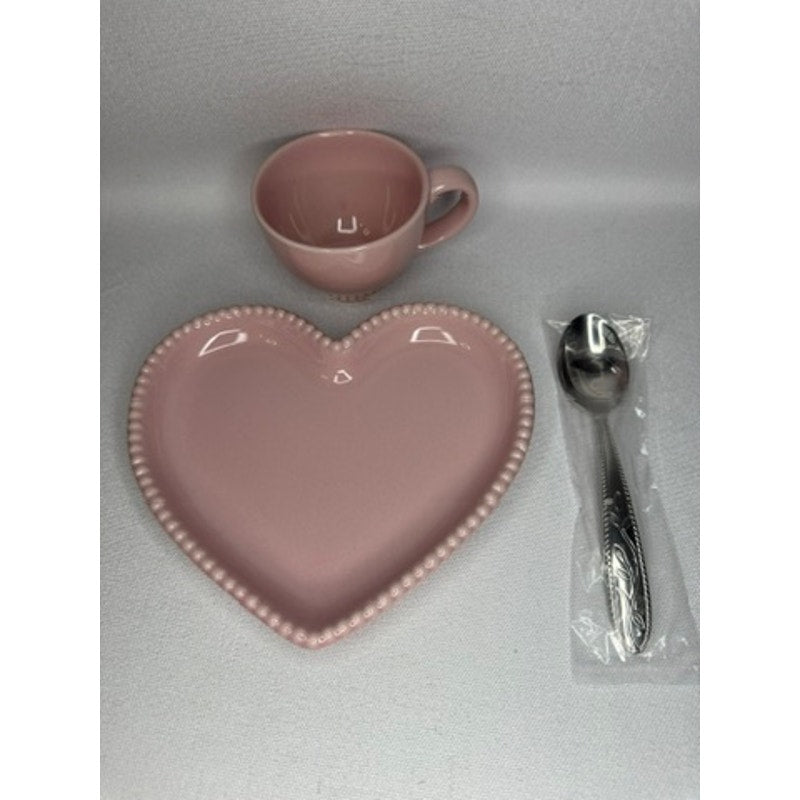 446. Marbelli Pink Heart Mug Plate & Spoon Snack Set NWOT