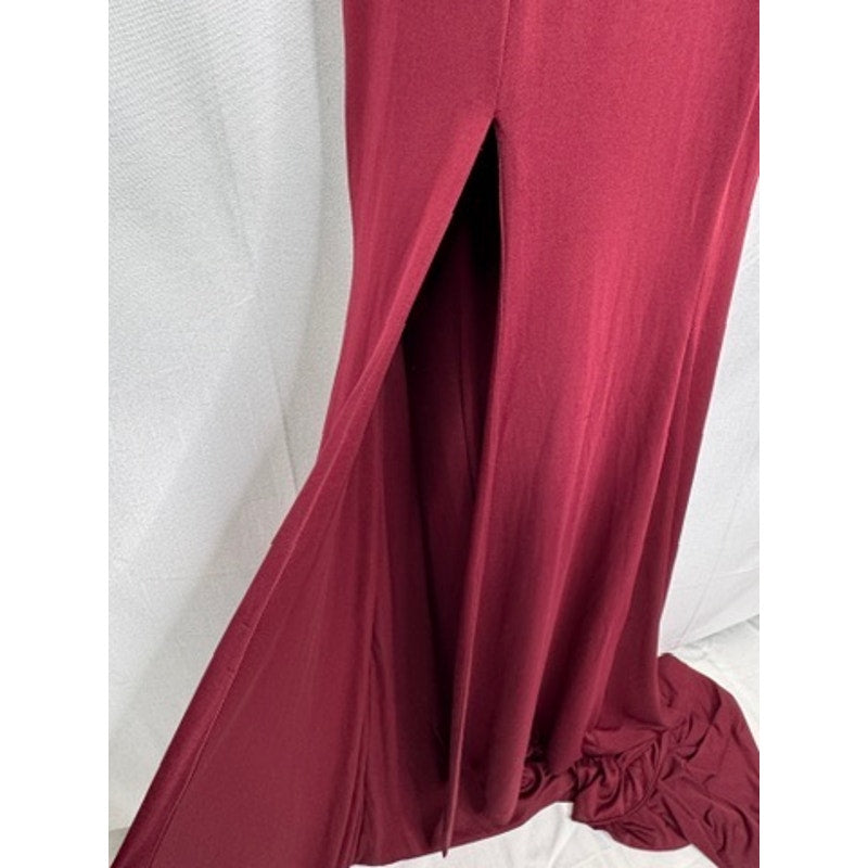 580. Burgundy Gold Lace Mermaid Formal Evening Gown Long Sleeve Small