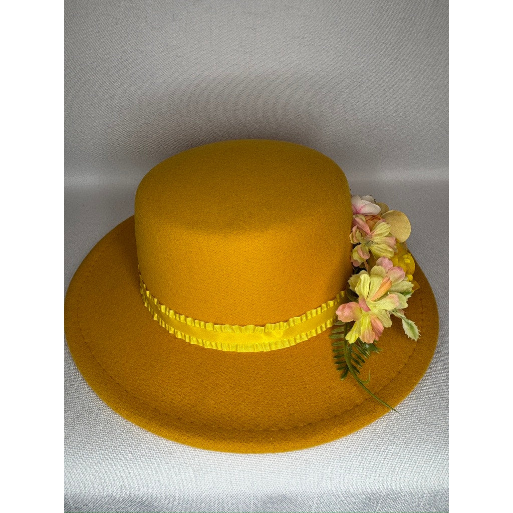 449. Mustard Yellow Floral Derby Boater Hat Wide Brim One Size