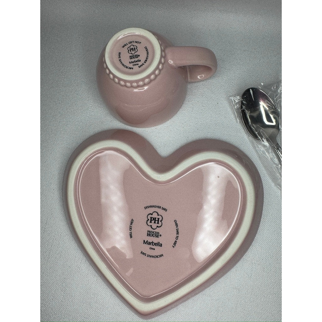 446. Marbelli Pink Heart Mug Plate & Spoon Snack Set NWOT