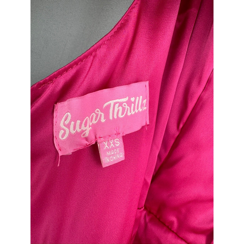 375. Sugar Thrillz Hot Pink Satin Ruched Bodycon Mini Dress Size XXS