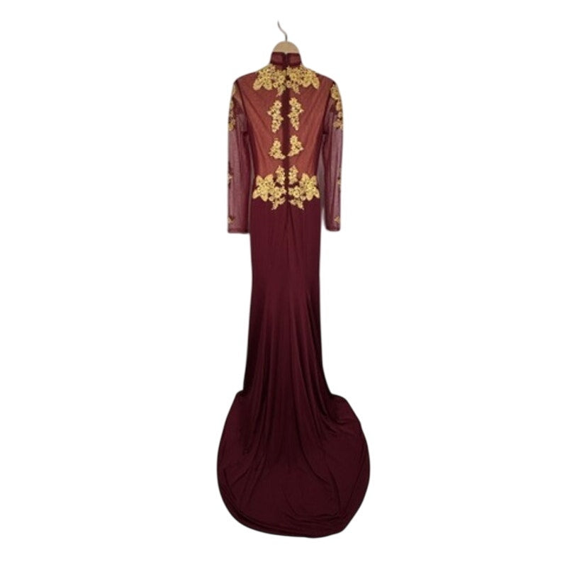 580. Burgundy Gold Lace Mermaid Formal Evening Gown Long Sleeve Small