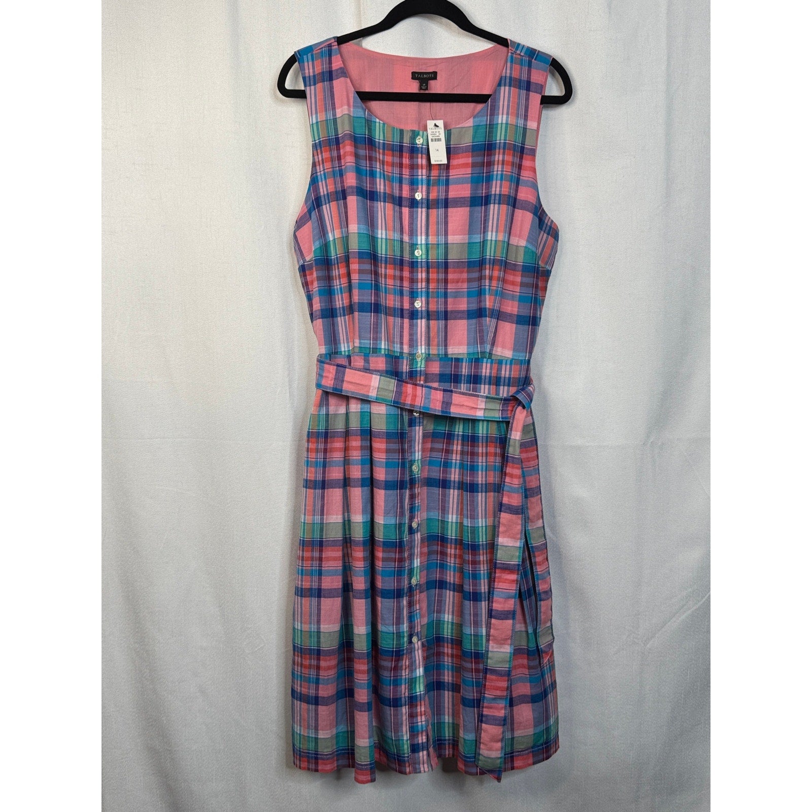 354. NWT Talbots Pink Blue Plaid Sleeveless Belted Dress Size 14
