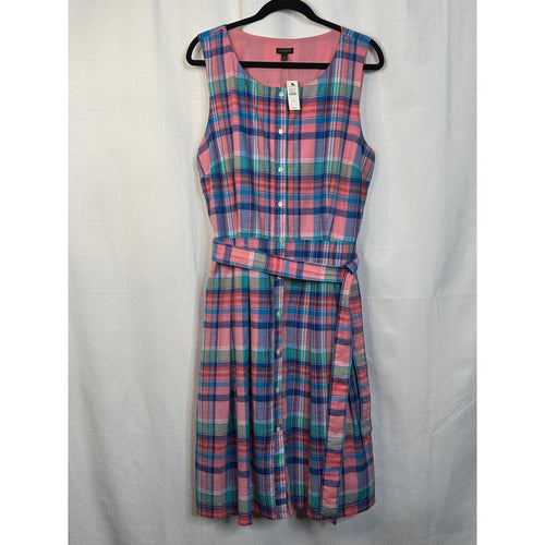 354. NWT Talbots Pink Blue Plaid Sleeveless Belted Dress Size 14